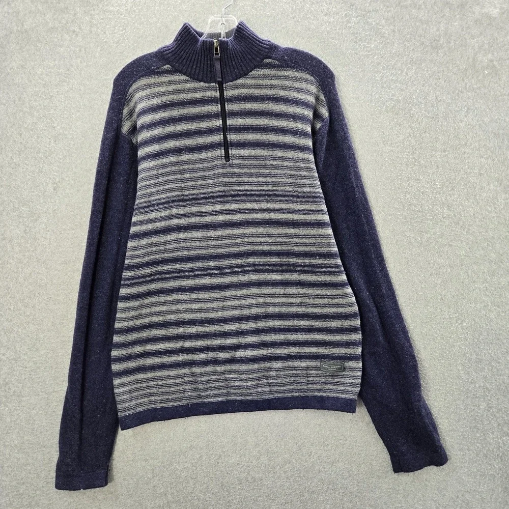 Royal Robbins Men Sweater Large Blue Striped Wool Blend 1/4 Zip Mock Neck